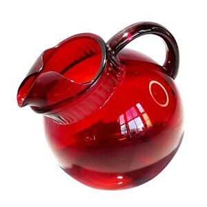 Royal Ruby Red Glass Pitcher Ball Jug Handle Ice Lip 40 oz Retro Style